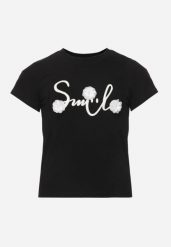 Czarna Bawełniana Koszulka T-shirt z Brokatowym Napisem i Kwiatami 3D Azavia. Czarne koszulki i t-shirty dziewczęce Born2be, z aplikacjami, z bawełny, bez kołnierzyka, bez ramiączek. Za 29.99 zł.