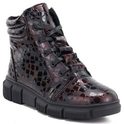 Skórzane botki damskie lakierowane kroko bordowe eVento 5BT17-9315. Czerwone botki damskie eVento, z lakierowanej skóry, bez obcasa, na koturnie, bez zapięcia. Za 289.99 zł.