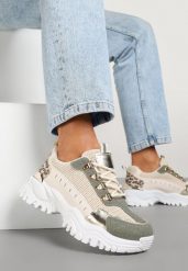 Beżowo-Zielone Sneakersy w Steetwearowym Stylu na Tłoczonej Platformie Ozdobione Wzorem w Panterkę Gonavielle. Brązowe obuwie sportowe damskie Renee, z jeansu, bez zapięcia. Za 99.99 zł.