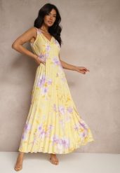 Żółta Plisowana Sukienka o Rozkloszowanym Fasonie na Szerokich Ramiączkach Nitanela. Żółte sukienki damskie Renee, bez wzorów, z materiału, eleganckie, bez ramiączek. W wyprzedaży za 99.99 zł.