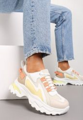 Biało-Żółte Sneakersy Na Grubej Podeszwie z Przeszyciami i Sznurwaniem Marinil. Białe obuwie sportowe damskie Renee, bez zapięcia. Za 89.99 zł.