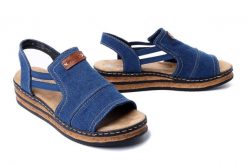 RIEKER 62982-12 blue, sandały damskie. Niebieskie sandały damskie Rieker, bez wzorów, bez obcasa, na koturnie, bez zapięcia. Za 255.92 zł.