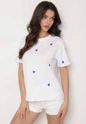 Biało-Niebieski T-shirt z Bawełny w Serca Kolavelle. Białe t-shirty damskie Born2be, l, bez wzorów, z bawełny, bez kołnierzyka. Za 64.99 zł.