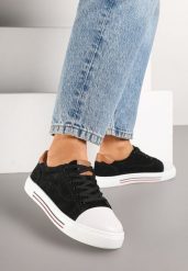 Czarne Skórzane Trampki na Płaskiej Podeszwie ze Skórzaną Wkładką i Kontrastowym Noskiem Helili. Czarne trampki damskie Born2be, bez wzorów, z jeansu, bez zapięcia. Za 79.99 zł.