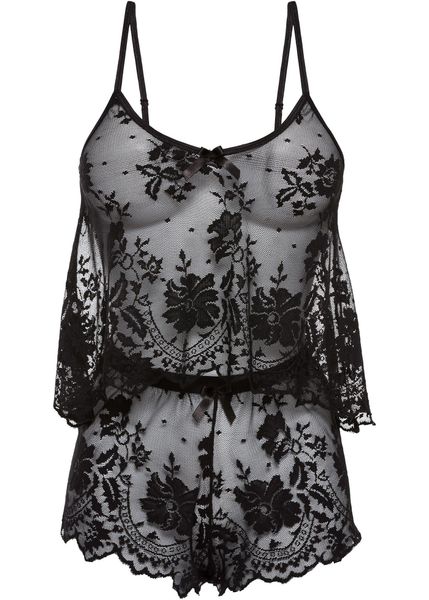 Top + krótkie spodenki (2 części). Czarne komplety bielizny bonprix, bez wzorów, z koronki. Za 94.99 zł.