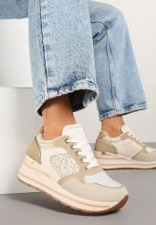 Beżowe Sneakersy na Koturnie z Geometrycznym Wzorem i Brokatem Tillineira. Brązowe obuwie sportowe damskie Renee, z jeansu, bez zapięcia. Za 79.99 zł.
