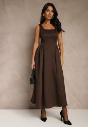 Brązowa Sukienka o Rozkloszowanym Kroju na Szerokich Ramiączkach Retelina. Brązowe sukienki damskie Renee, bez wzorów, eleganckie, bez ramiączek. Za 159.99 zł.
