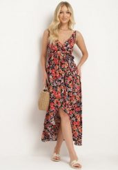 Czarno-Pomarańczowa Bawełniana Sukienka Kopertowa na Cienkich Ramiączkach w Kwiatowy Wzór Rissamira. Czarne sukienki damskie Born2be, bez wzorów, z bawełny, eleganckie, bez ramiączek. Za 69.99 zł.