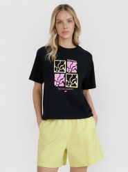 4F T-shirt oversize z nadrukiem damski - czarny S. Czarne koszulki sportowe damskie 4F, s, bez wzorów, z bawełny, bez ramiączek. Za 59.99 zł.