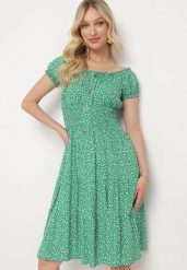 Zielona Bawełniana Sukienka w Drobne Kwiaty z Gumkami w Talii Fielita. Zielone sukienki damskie Born2be, bez wzorów, z bawełny, eleganckie, bez ramiączek. Za 79.99 zł.
