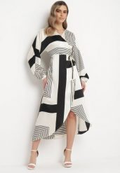Beżowo-Czarna Sukienka Kopertowa Kimono z Geometrycznym Wzorem i Wiązanym Paskiem Klerossa. Brązowe sukienki damskie Born2be, bez wzorów, bez ramiączek. W wyprzedaży za 127.49 zł.