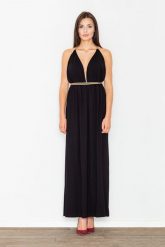Czarna Elegancka Maxi Sukienka z Ozdobnym Złotym Sznurkiem. Czarne sukienki damskie Figl, bez wzorów, z elastanu, eleganckie, bez ramiączek. Za 289.00 zł.
