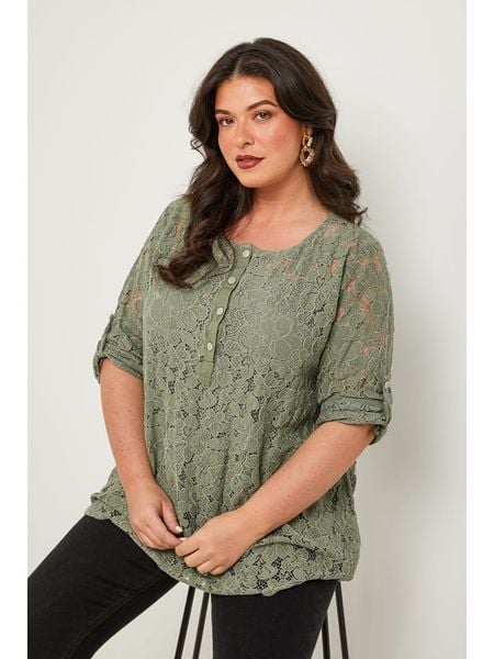 Curvy Lady Bluzka w kolorze khaki rozmiar: 40/42. Brązowe bluzki damskie Curvy Lady, bez wzorów, z koronki, klasyczne, bez kołnierzyka, bez ramiączek. Za 72.45 zł.