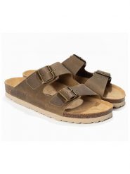Sunbay Skórzane klapki "Trefle" w kolorze khaki rozmiar: 41. Brązowe klapki damskie Sunbay, bez wzorów, z otwartym noskiem, bez obcasa, bez zapięcia. Za 180.06 zł.