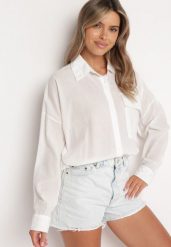 Biała Bawełniana Koszula z Dłuższym Tyłem z Ozdobną Kieszonką i Gumką Ralena. Białe koszule damskie Born2be, l, z aplikacjami, z bawełny, bez kołnierzyka, bez ramiączek. Za 109.99 zł.