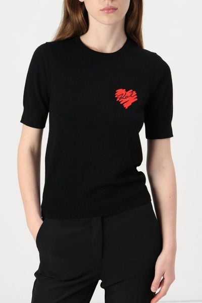KARL LAGERFELD Czarny sweter damski Hearts Knit Top, Rozmiar M. Czarne swetry klasyczne damskie KARL LAGERFELD, m, z materiału, bez kołnierzyka. W wyprzedaży za 475.99 zł.