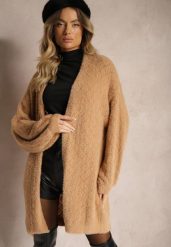 Beżowy Sweter o Długim Fasonie z Dekoltem V i Ozdobnym Splotem Jovima. Brązowe kardigany damskie Renee, bez wzorów, ze splotem. Za 79.99 zł.