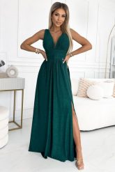 Zielona Maxi Sukienka z Połyskującym Wykończeniem. Zielone sukienki damskie NUMOCO, bez wzorów, z elastanu, wizytowe, bez ramiączek. Za 289.90 zł.