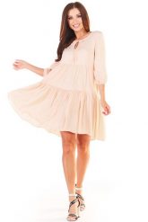 Sukienka Mini w Stylu Boho - Beżowa. Brązowe sukienki damskie Awama, bez wzorów, z elastanu, boho, bez ramiączek. Za 241.90 zł.