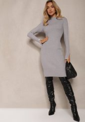Szara Dopasowana Sukienka z Wiskozą i Modalem z Prążkowanej Dzianiny Ozdobiona Guzikami Zeanitha. Szare sukienki damskie Renee, bez wzorów, z dzianiny, biznesowe, bez ramiączek. Za 74.99 zł.