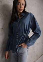 Niebieska Koszula z Bawełny Ściągana w Talii Troczkami Hettia. Niebieskie koszule damskie Renee, l, bez wzorów, z bawełny, eleganckie, bez kołnierzyka, bez ramiączek. Za 129.99 zł.