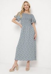 Niebieska Bawełniana Sukienka w Kwiatki z Hiszpańskim Elastycznym Dekoltem Bleriama. Niebieskie sukienki damskie Born2be, bez wzorów, z bawełny, eleganckie, bez ramiączek. W wyprzedaży za 46.74 zł.