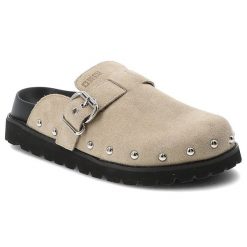 Klapki damskie Big Star, cholewka ze skóry naturalnej zamszowej z regulowanym paskiem i sprzączką, beżowe, RR274A376. Brązowe klapki damskie Big Star, bez wzorów, ze skóry, bez obcasa, bez zapięcia. Za 215.90 zł.