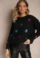 Czarny Sweter z Wiskozą Zdobiony Cekinowymi Aplikacjami z Kwiatami Edalora. Czarne swetry klasyczne damskie Renee, l, z jeansu, bez kołnierzyka. Za 84.99 zł.