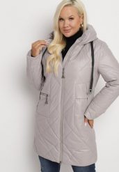 Beżowa Długa Pikowana Kurtka z Kapturem i Dwustronnym Suwakiem Eritha. Brązowe kurtki damskie Born2be, plus size, bez wzorów, z jeansu, z kapturem. Za 259.99 zł.