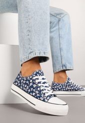 Granatowe Trampki z Niską Cholewką w Kwiatowy Wzór Addmiria. Niebieskie trampki damskie Renee, bez wzorów, z jeansu, przed kostkę, bez zapięcia. Za 49.99 zł.