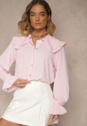 Różowa Koszula Ozdobiona Falbankami i Kołnierzykiem Evirana. Czerwone koszule damskie Renee, uniwersalny, z aplikacjami, z jeansu, eleganckie, bez kołnierzyka, bez ramiączek. Za 59.99 zł.