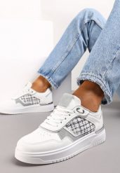 Białe Sneakersy Ozdobione Wstawką z Tweedowego Materiału Saini. Białe obuwie sportowe damskie Renee, bez zapięcia. Za 79.99 zł.