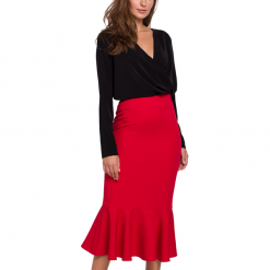Elegancka ołówkowa spódnica midi zakończona falbaną. Spódnice damskie Sukienki.shop, do pracy, l, bez wzorów, z elastanu, biznesowe, midi. Za 89.00 zł.