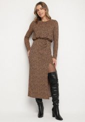 Panterkowa Sukienka z Gumką w Pasie i Ołówkowym Dołem z Rozcięciem Zenita. Sukienki damskie Born2be, bez wzorów, z jeansu, eleganckie, bez ramiączek. Za 159.99 zł.