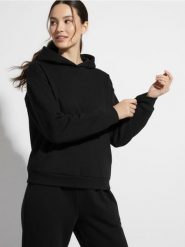 Dresowa bluza hoodie z kieszenią - czarny. Czarne bluzy damskie Sinsay, l, bez wzorów, z dresówki, bez kaptura. W wyprzedaży za 19.99 zł.