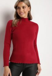 Bordowy Sweter z Wełną i Ozdobną Falbanką przy Dekolcie Seanoria. Czerwone swetry klasyczne damskie Born2be, l, z jeansu, bez kołnierzyka. Za 84.99 zł.