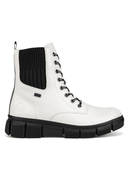 Rieker Botki X3414-80 Biały. Białe botki damskie Rieker, z materiału, bez obcasa, na płaskiej podeszwie, bez zapięcia. Za 293.99 zł.