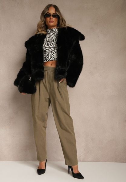 Ciemnozielone Spodnie High Waist z Bawełny o Szerokim Kroju Nalitia. Zielone spodnie materiałowe damskie Renee, bez wzorów, z bawełny. Za 69.99 zł.