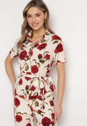 Beżowo-Bordowa Koszula w Kwiaty z Wiązaniem w Talii Bromelia. Brązowe koszule damskie Born2be, l, bez wzorów, bez kołnierzyka, bez ramiączek. Za 109.99 zł.