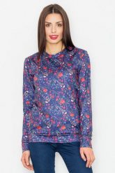 Granatowa Klasyczna Bluza w Kolorowe Kwiaty. Bluzy damskie Figl, l, bez wzorów, z materiału, bez kaptura. Za 209.00 zł.