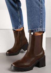 Brązowe Botki Sztyblety na Obcasie z Gumką Leanea. Brązowe botki damskie Born2be, na jesień, z jeansu, eleganckie, bez obcasa, na obcasie, bez zapięcia. Za 149.99 zł.