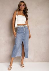 Niebieska Jeansowa Spódnica Midi Abexa. Niebieskie spódnice damskie Renee, s, z aplikacjami, z jeansu, eleganckie, midi. Za 69.99 zł.