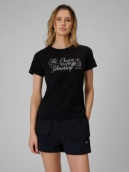 4F T-shirt regular z nadrukiem damski - czarny M. Czarne t-shirty damskie 4F, m, bez wzorów, z bawełny, bez kołnierzyka. Za 59.99 zł.