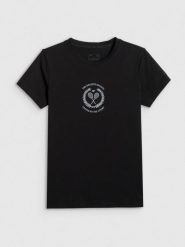 4F T-shirt slim z nadrukiem damski - czarny L. Czarne t-shirty damskie 4F, l, bez wzorów, z bawełny, bez kołnierzyka. Za 59.99 zł.