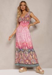 Jasnoróżowa Sukienka z Mozaikowym Wzorem Boho Gumką w Pasie i Sznurkami na Ramionach Ainervea. Czerwone sukienki damskie Renee, bez wzorów, z materiału, boho, bez ramiączek. W wyprzedaży za 41.99 zł.