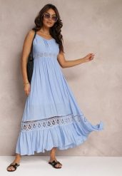 Niebieska Rozkloszowana Sukienka Maxi z Falbanką i Koronką Luluma. Niebieskie sukienki damskie Renee, bez wzorów, z koronki, bez ramiączek. W wyprzedaży za 135.99 zł.