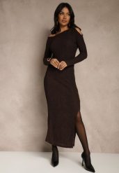 Brązowa Sukienka o Dopasowanym Kroju Ozdobiona Metaliczną Aplikacją Reittia. Brązowe sukienki damskie Renee, z aplikacjami, bez ramiączek. Za 139.99 zł.