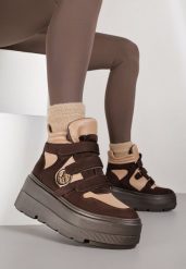 Beżowo-Brązowe Botki Sneakersy Vices na Platformie w Stylu Y2K Gelira. Brązowe obuwie sportowe damskie Renee, z jeansu, bez zapięcia. Za 149.99 zł.