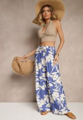 Niebieskie Szerokie Spodnie z Wiskozy High Waist w Kwiatowy Wzór Elaneora. Niebieskie spodnie materiałowe damskie Renee, bez wzorów, z jeansu. Za 39.99 zł.