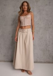 Jasnobeżowa Rozkloszowana Spódnica w Stylu Preppy z Kieszeniami i Podwójnym Paskiem Doripla. Brązowe spódnice damskie Renee, na co dzień, l, bez wzorów, eleganckie, maxi. Za 99.99 zł.